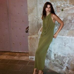 Zara Olive Green Cowl Neck Maxi Dress